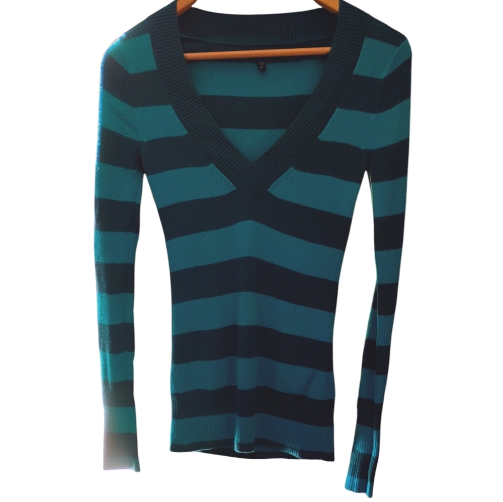 Express Forrest Green And Dark Green Striped Deep V SweaterSize SP - Picture 3 of 6